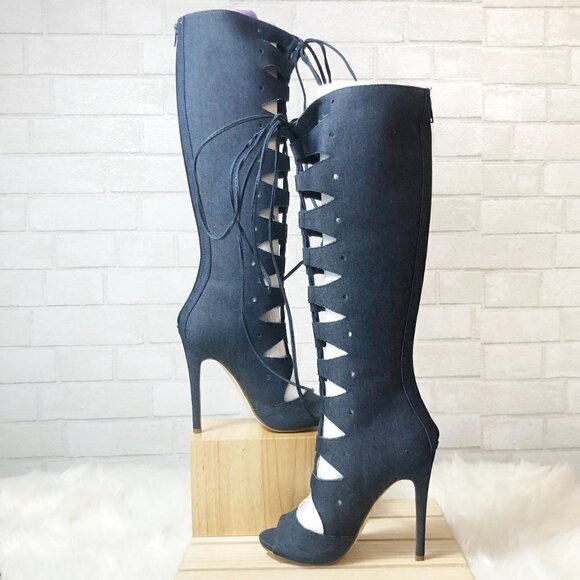 JustFab Ausia Blue Denim Laser Cut Lace Up Knee High Peep Toe Heel Boots Size 7 - Picture 2 of 5